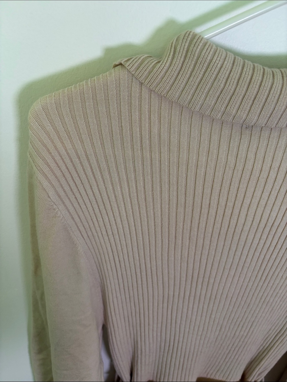 Ribbed V-Neck Belted Long Sleeve Dress in Beige - Picture 8 of 9